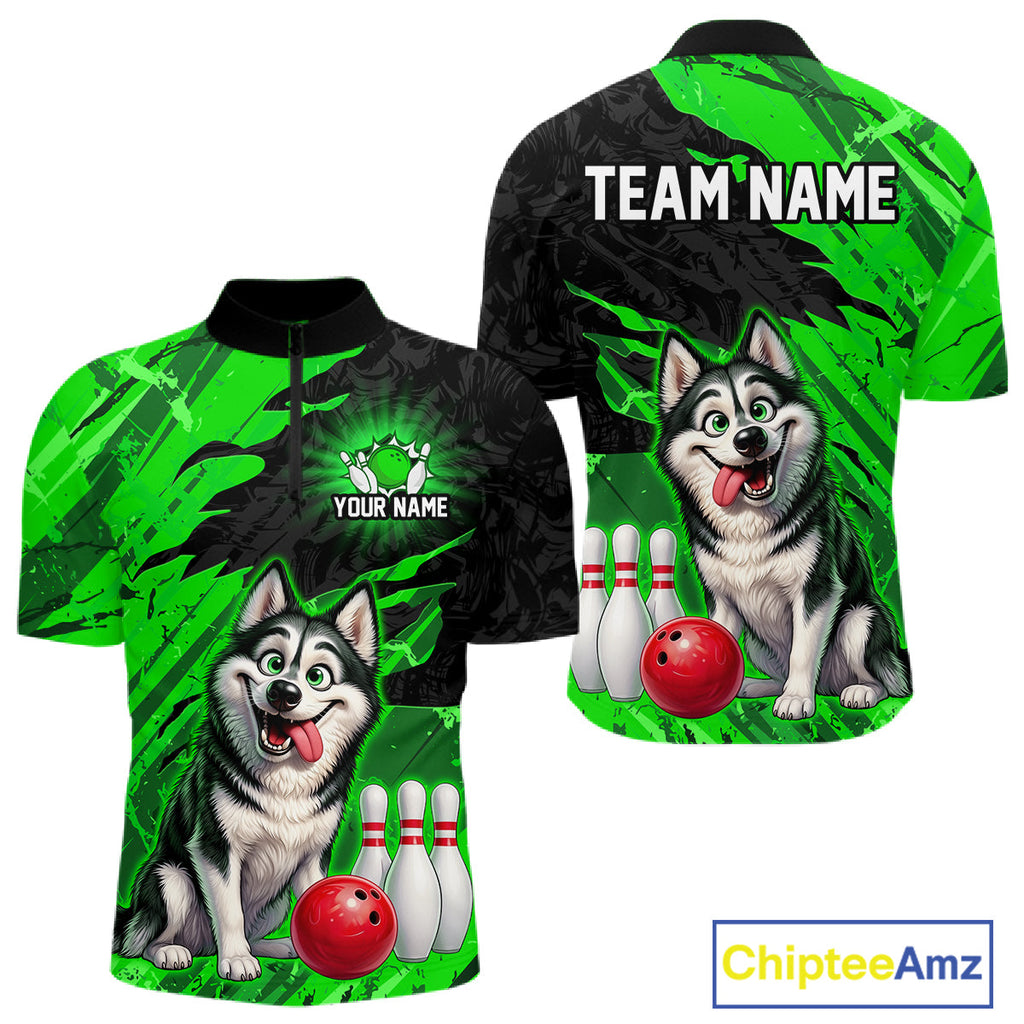 Custom Funny Husky Bowling Shirts Green Bowling League Jersey