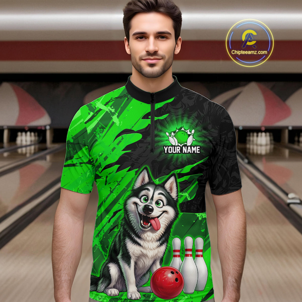 Custom Funny Husky Bowling Shirts Green Bowling League Jersey