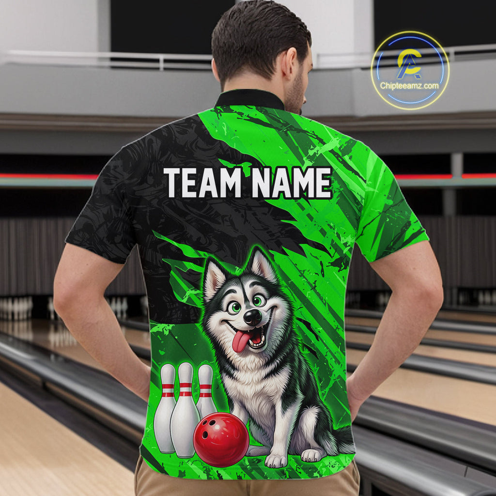Custom Funny Husky Bowling Shirts Green Bowling League Jersey