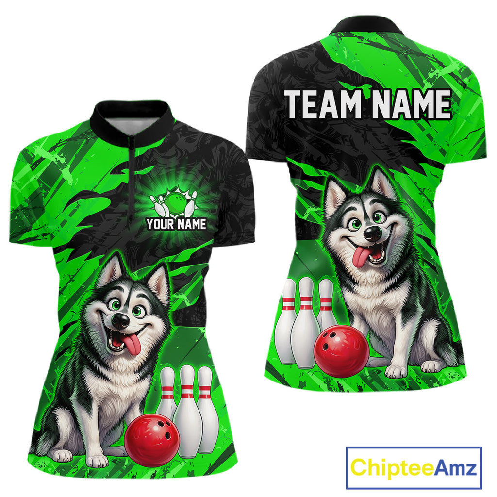 Custom Funny Husky Bowling Shirts Green Bowling League Jersey