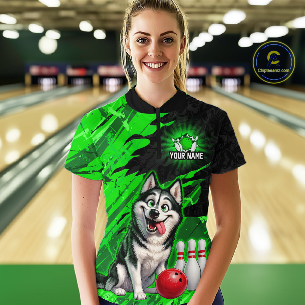 Custom Funny Husky Bowling Shirts Green Bowling League Jersey