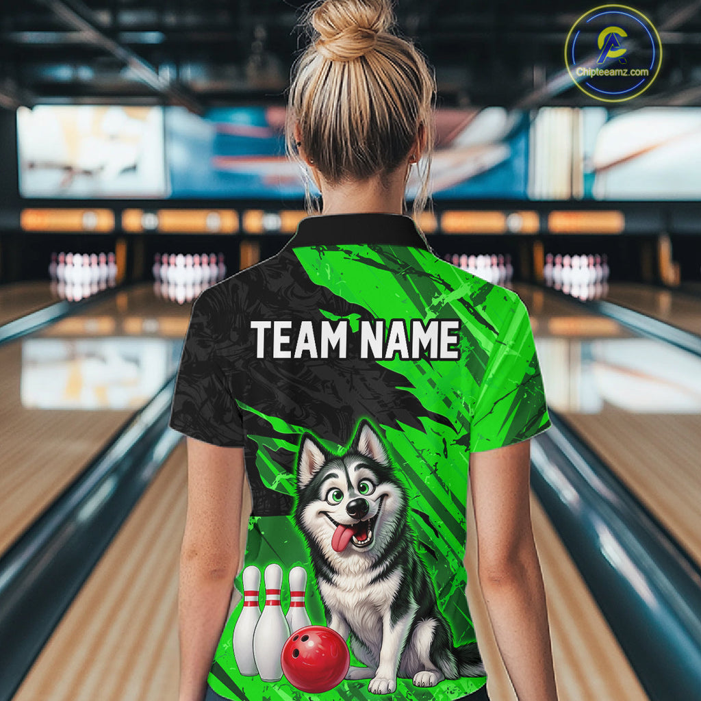 Custom Funny Husky Bowling Shirts Green Bowling League Jersey