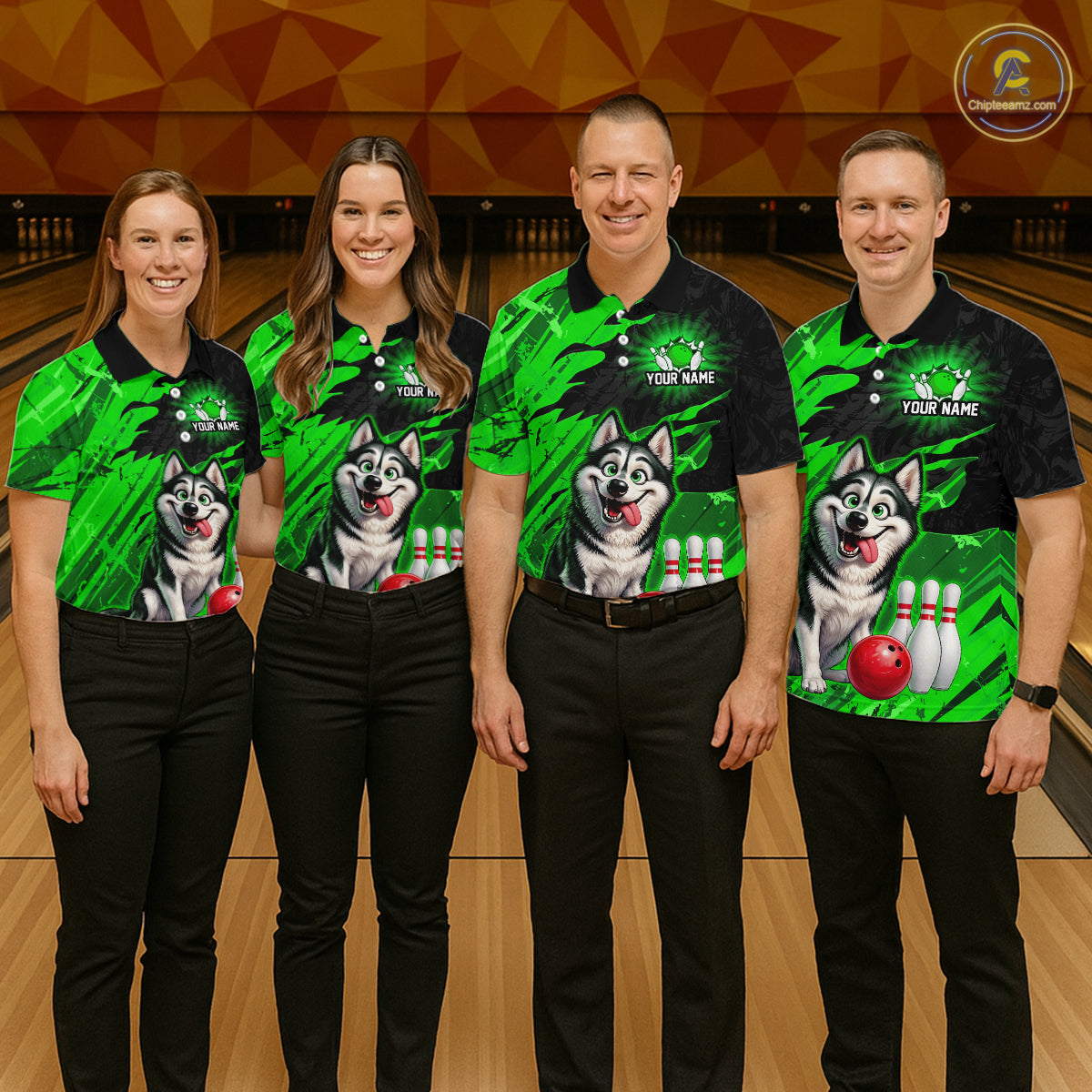 Custom Funny Husky Bowling Shirts Green Bowling League Jersey
