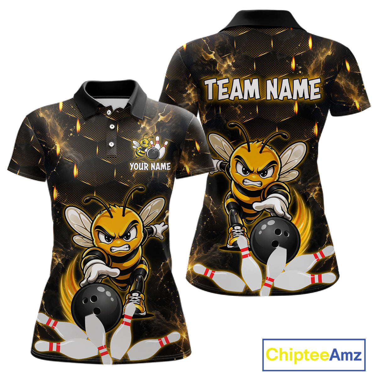 Custom Black & Gold Funny Bee Bowling Shirt Polo & 1/4-Zip Bowling Team Jersey