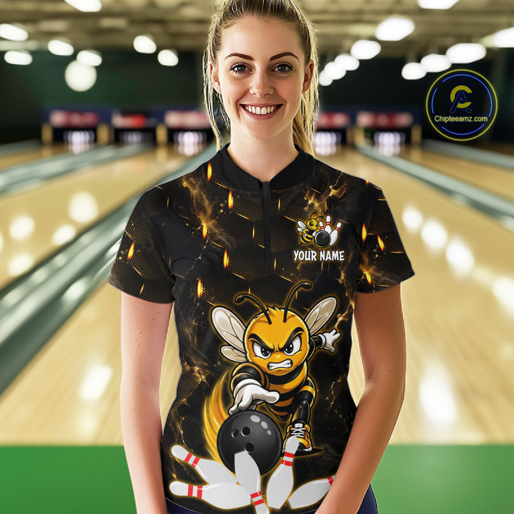 Custom Black & Gold Funny Bee Bowling Shirt Polo & 1/4-Zip Bowling Team Jersey