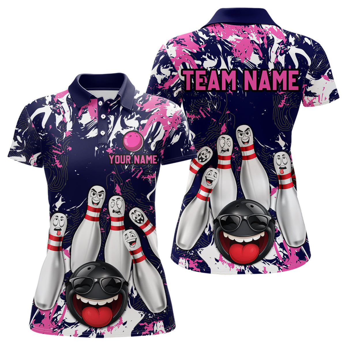 Navy Pink Funny Bowling Team Shirt Bowling League Jersey Polo & 1/4 Zip Bowler Outfit
