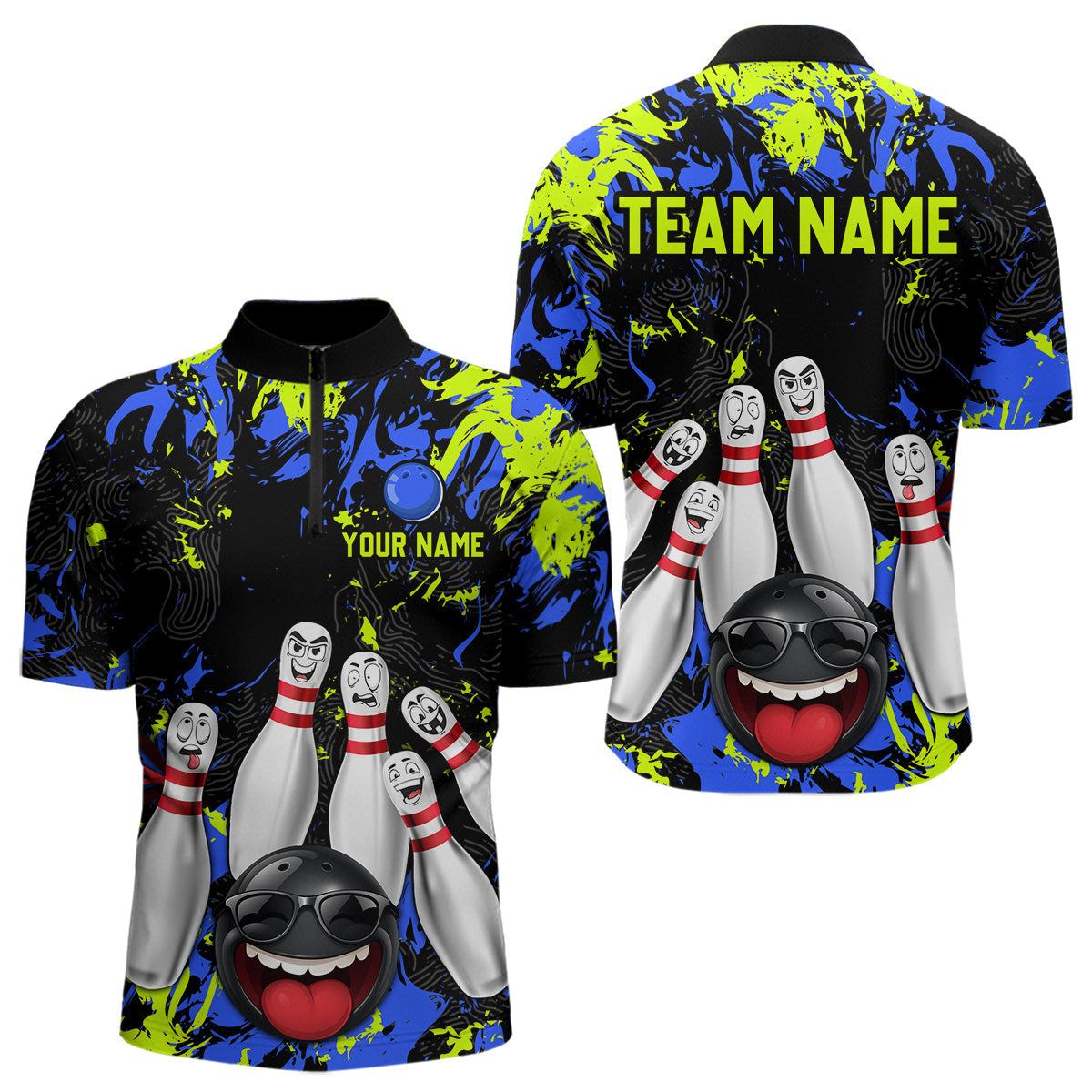 Green Blue Funny Bowling Team Shirt Bowling League Jersey Polo & 1/4 Zip Bowler Outfit