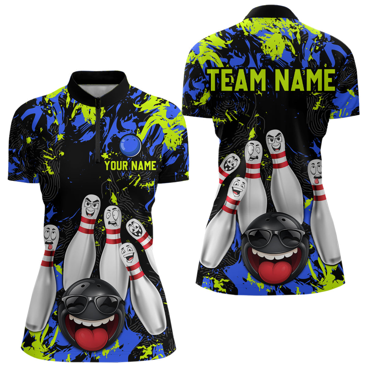 Green Blue Funny Bowling Team Shirt Bowling League Jersey Polo & 1/4 Zip Bowler Outfit