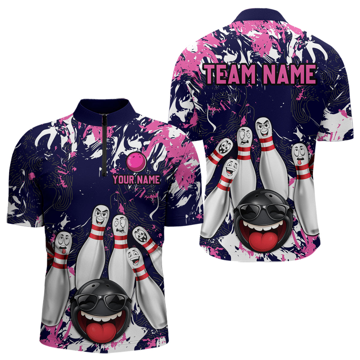 Navy Pink Funny Bowling Team Shirt Bowling League Jersey Polo & 1/4 Zip Bowler Outfit