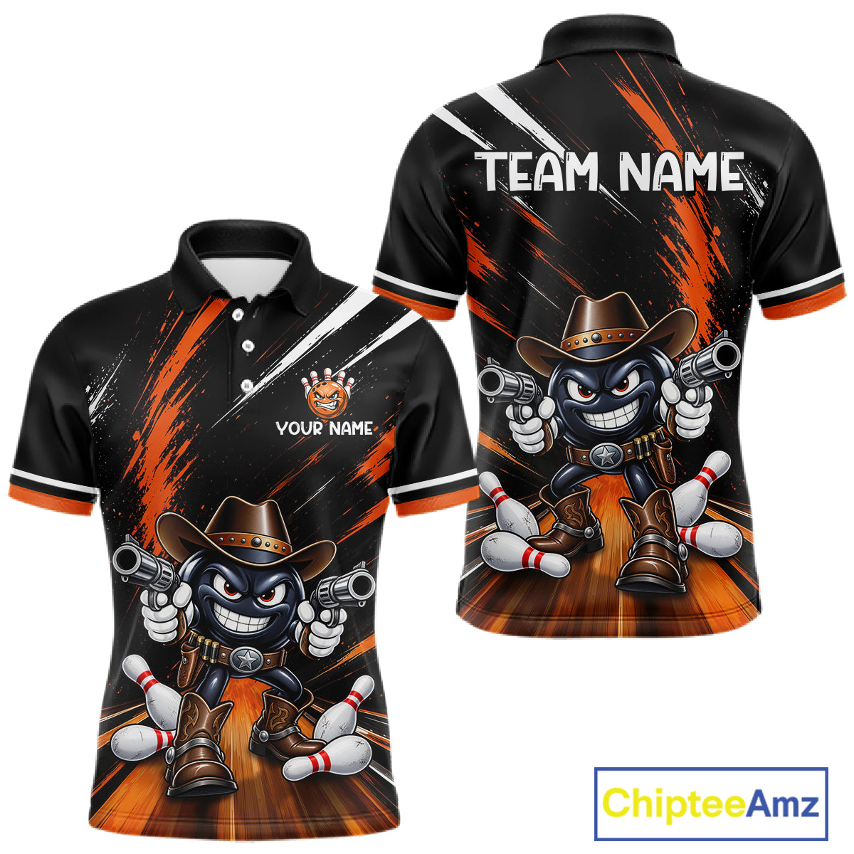 Custom Orange Funny Cowboy Gun Bowling Shirt Bowling Jersey
