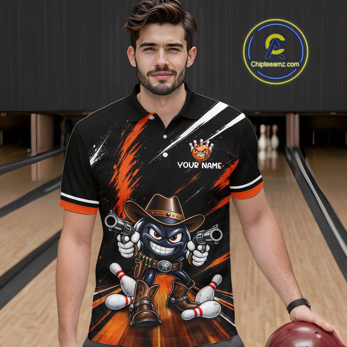 Custom Orange Funny Cowboy Gun Bowling Shirt Bowling Jersey