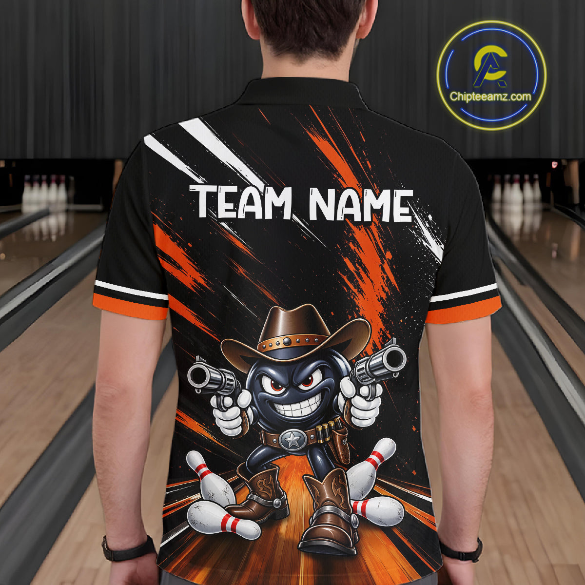 Custom Orange Funny Cowboy Gun Bowling Shirt Bowling Jersey
