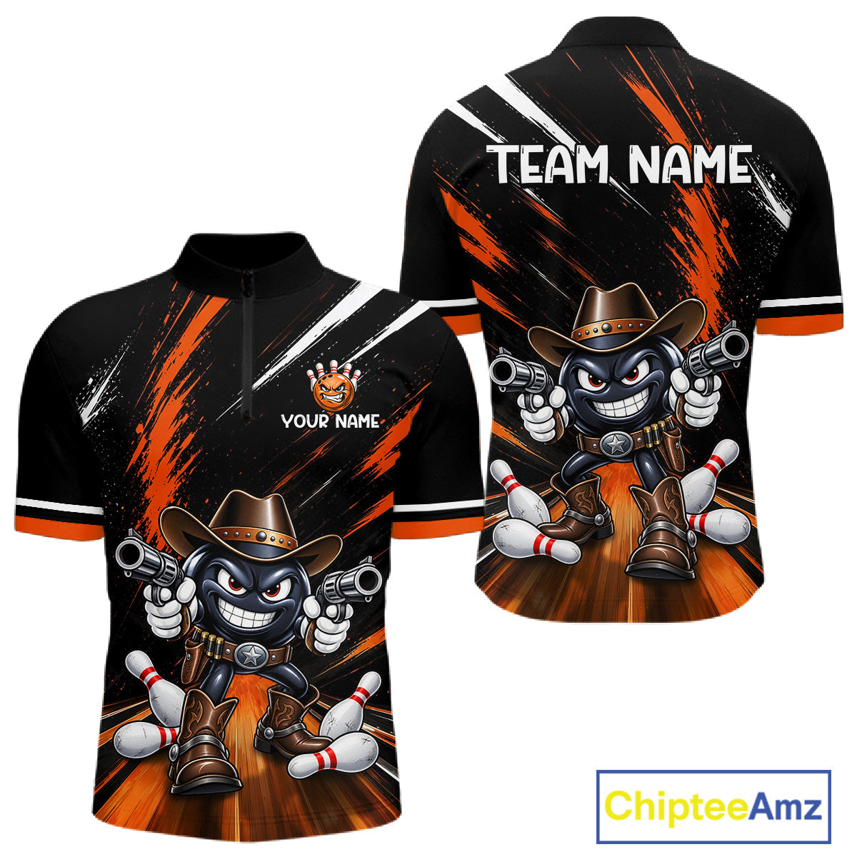 Custom Orange Funny Cowboy Gun Bowling Shirt Bowling Jersey