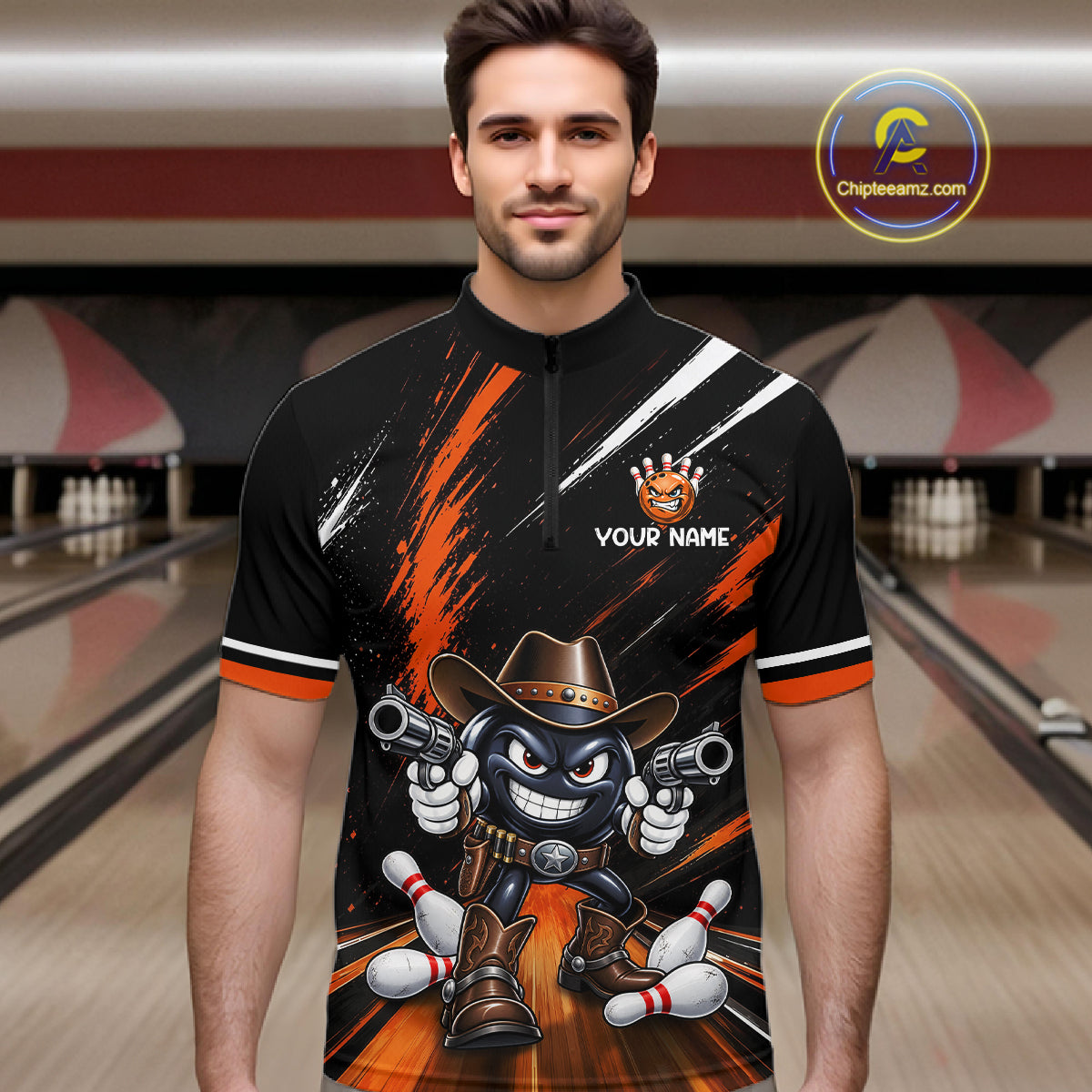 Custom Orange Funny Cowboy Gun Bowling Shirt Bowling Jersey