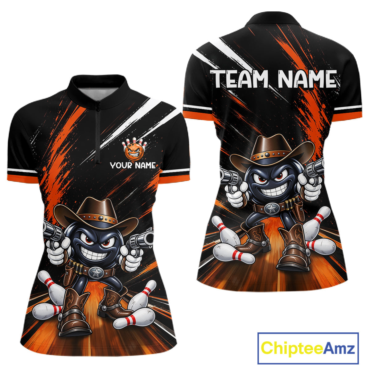 Custom Orange Funny Cowboy Gun Bowling Shirt Bowling Jersey