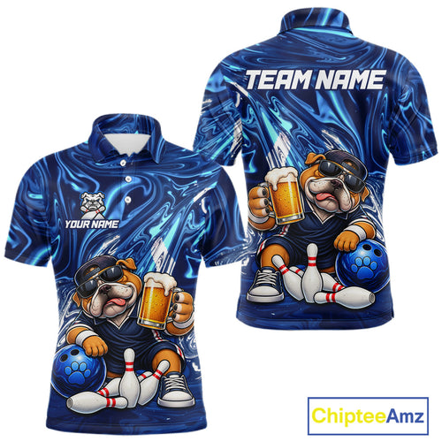 Custom Blue Funny Bulldog & Beer Bowling Shirts Bowling Jersey