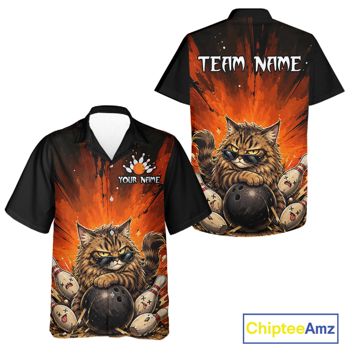 Custom Orange Funny Cat Bowling Hawaiian Shirt Bowling Team League Outfit