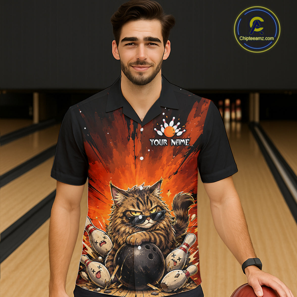 Custom Orange Funny Cat Bowling Hawaiian Shirt Bowling Team League Outfit