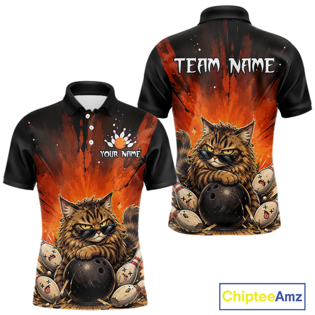 Custom Orange Funny Cat Bowling Team Shirt Bowling League Jersey Outfit