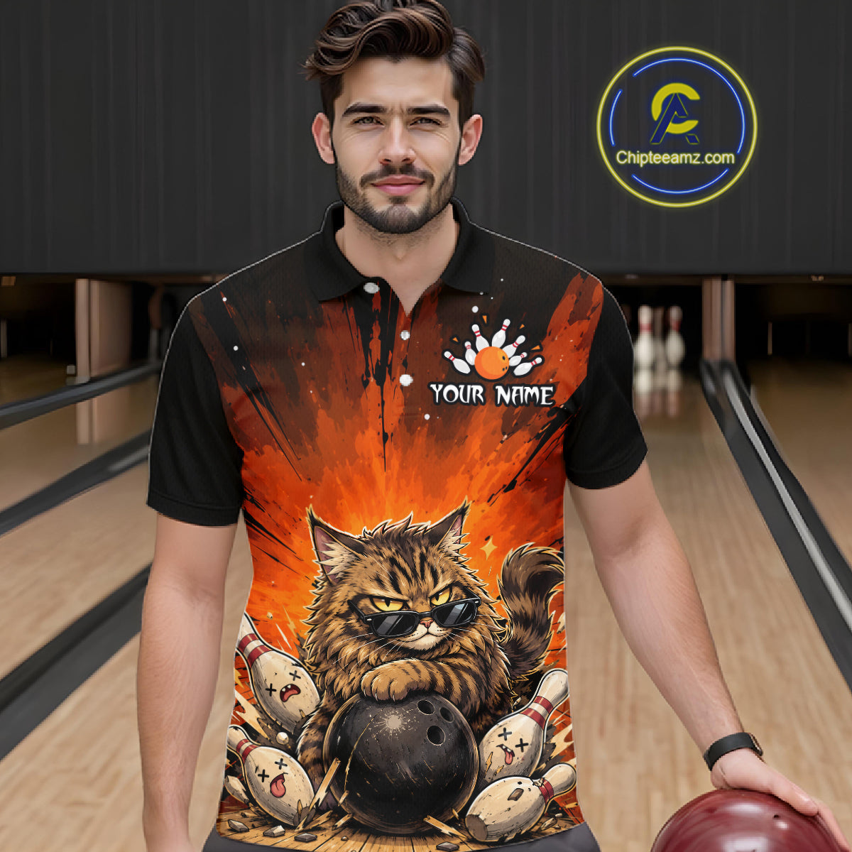 Custom Orange Funny Cat Bowling Team Shirt Bowling League Jersey Outfit