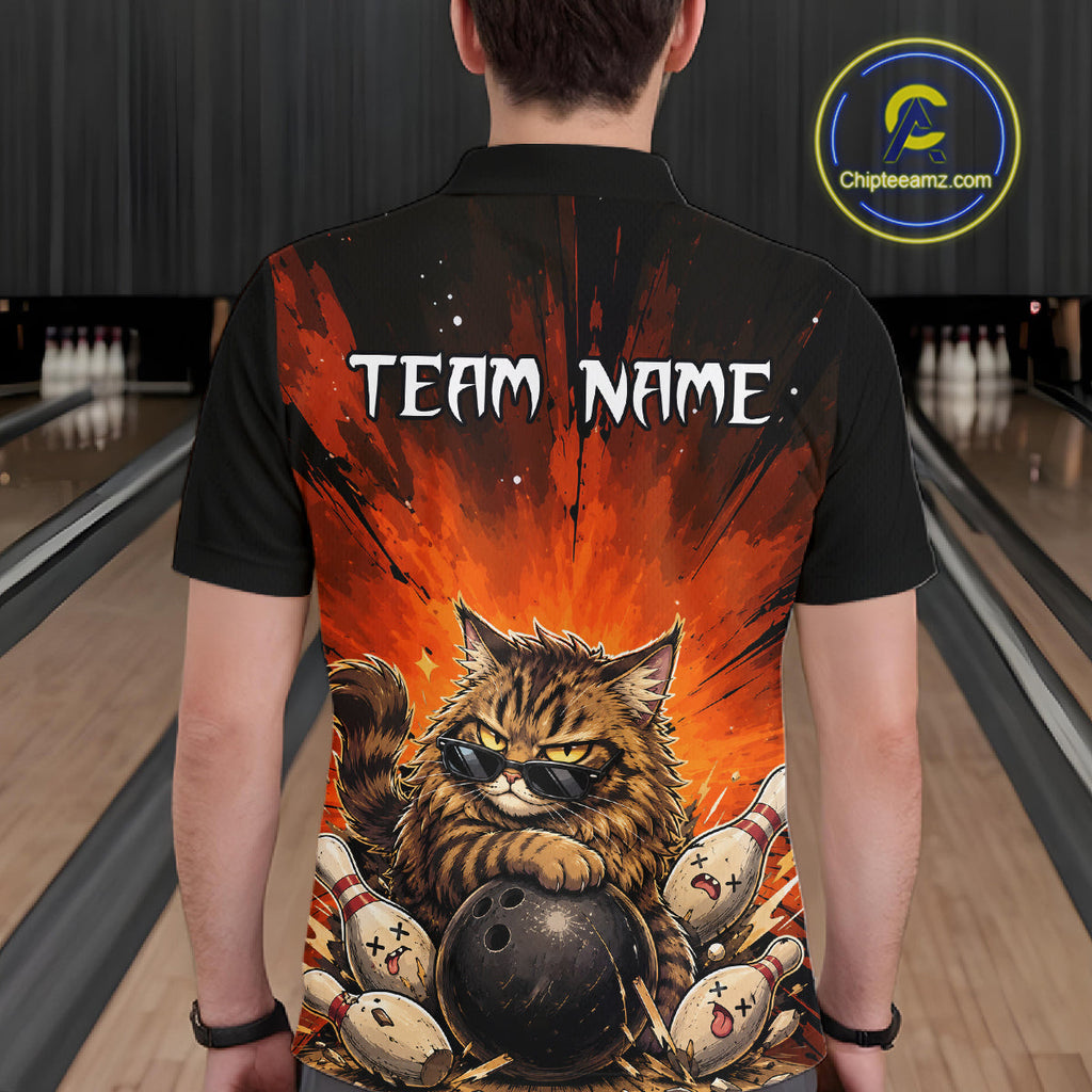 Custom Orange Funny Cat Bowling Team Shirt Bowling League Jersey Outfit