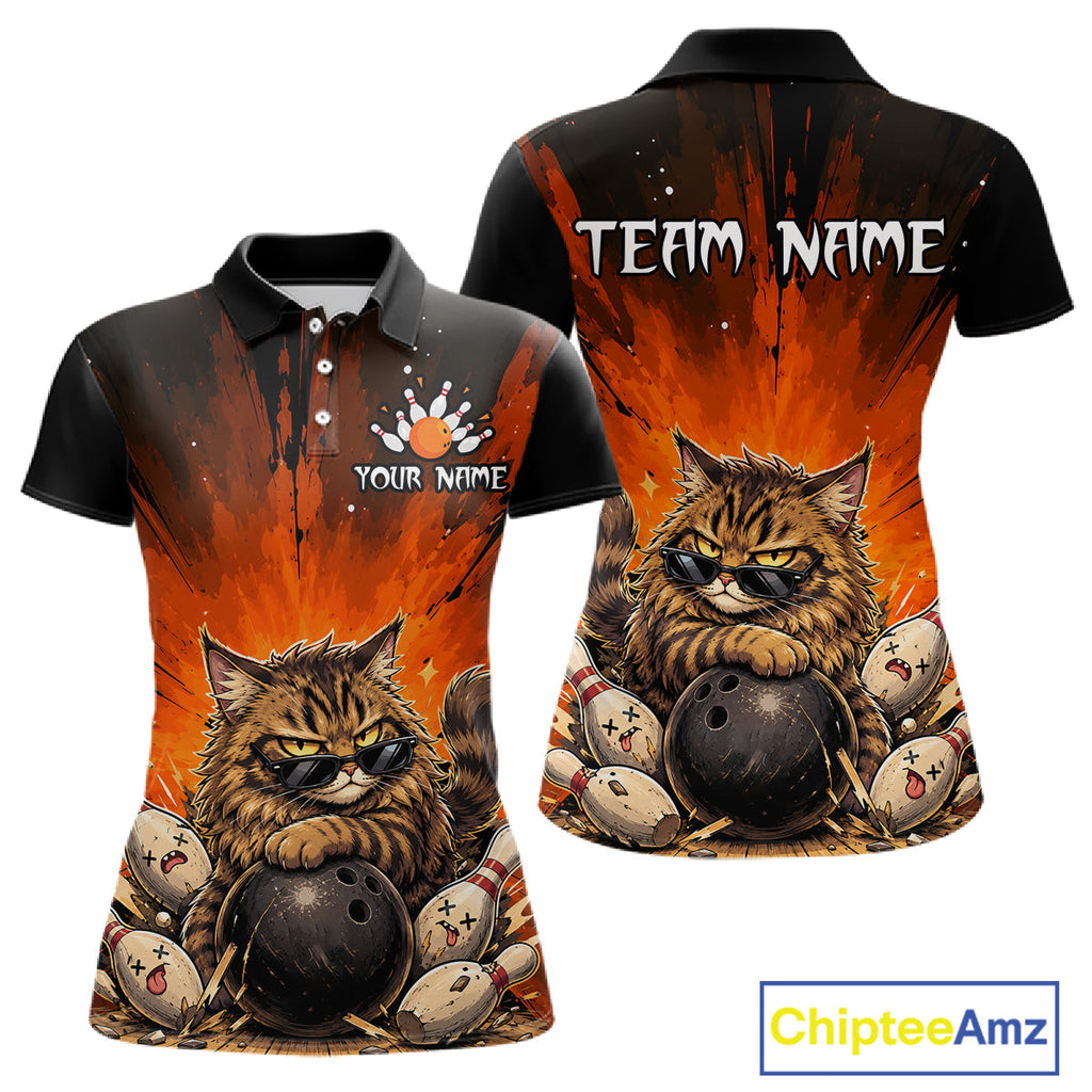 Custom Orange Funny Cat Bowling Team Shirt Bowling League Jersey Outfit