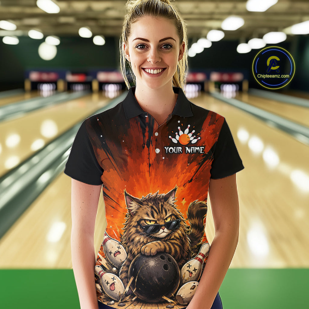 Custom Orange Funny Cat Bowling Team Shirt Bowling League Jersey Outfit