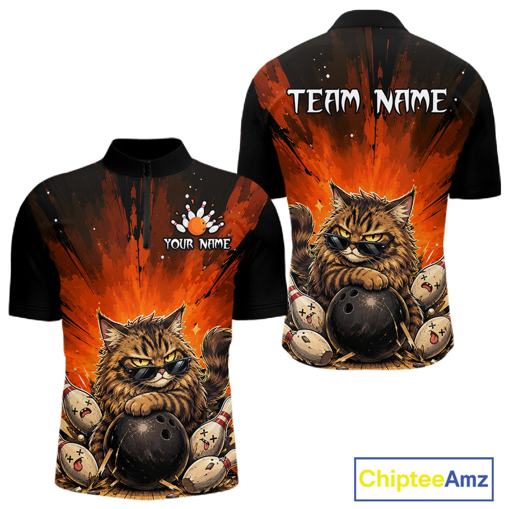 Custom Orange Funny Cat Bowling Team Shirt Bowling League Jersey Outfit