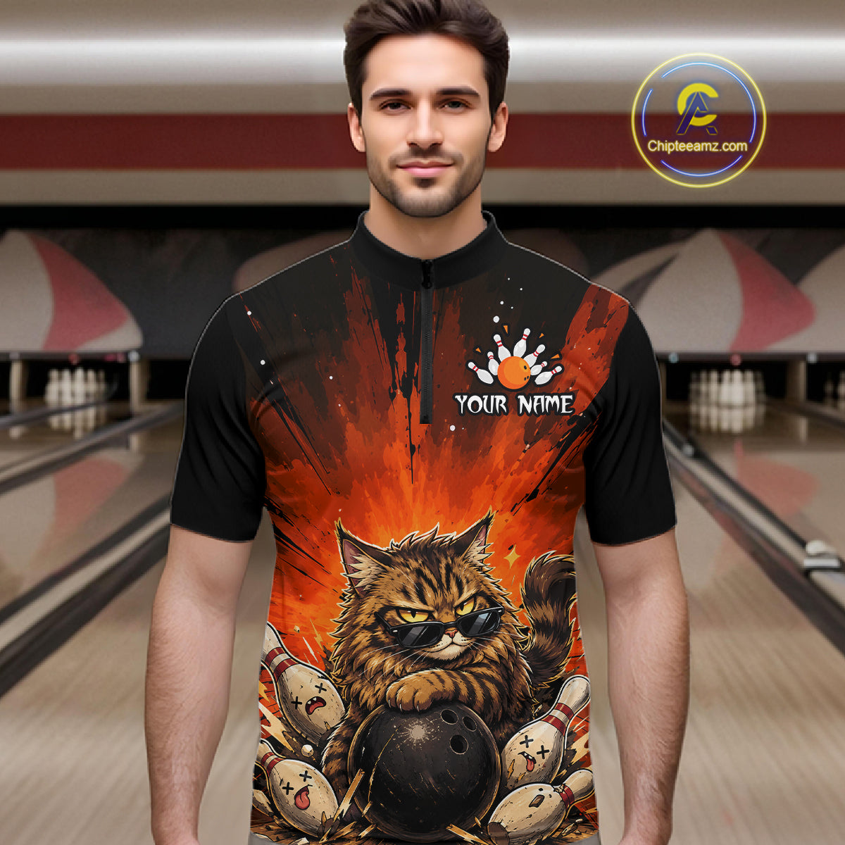 Custom Orange Funny Cat Bowling Team Shirt Bowling League Jersey Outfit