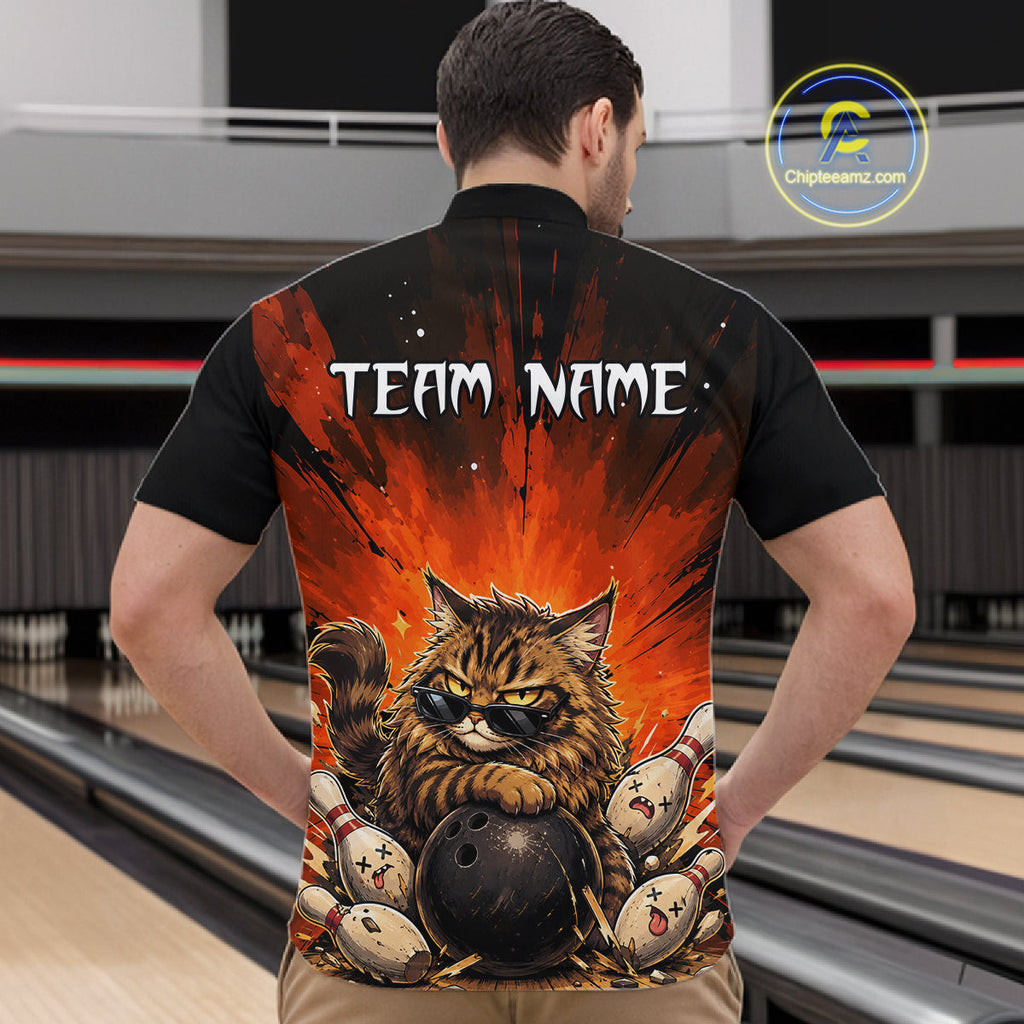 Custom Orange Funny Cat Bowling Team Shirt Bowling League Jersey Outfit
