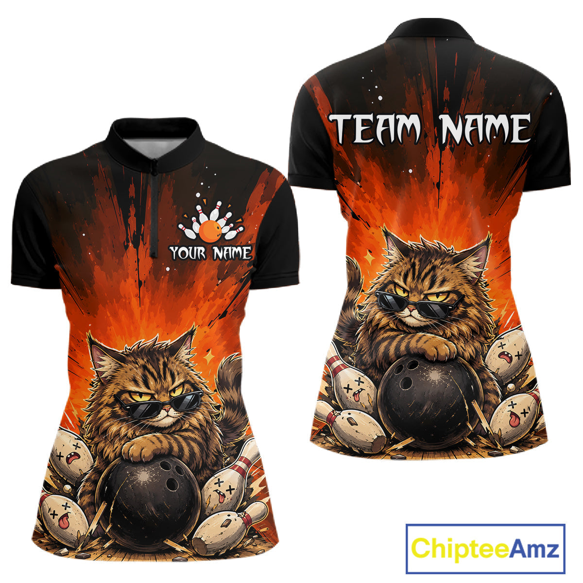 Custom Orange Funny Cat Bowling Team Shirt Bowling League Jersey Outfit