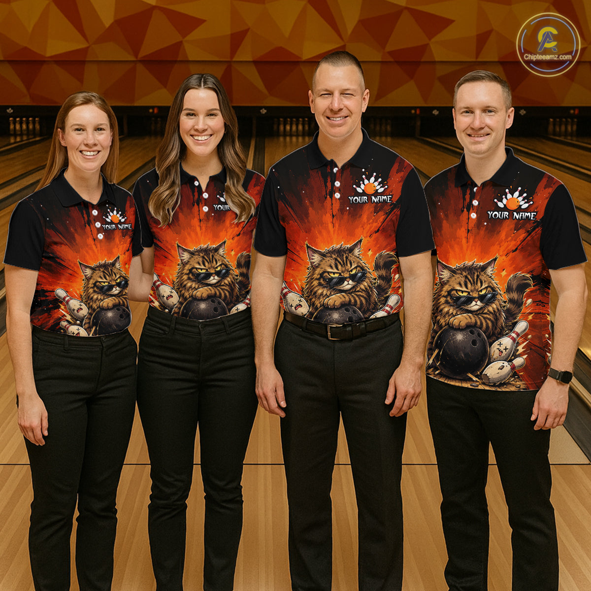 Custom Orange Funny Cat Bowling Team Shirt Bowling League Jersey Outfit