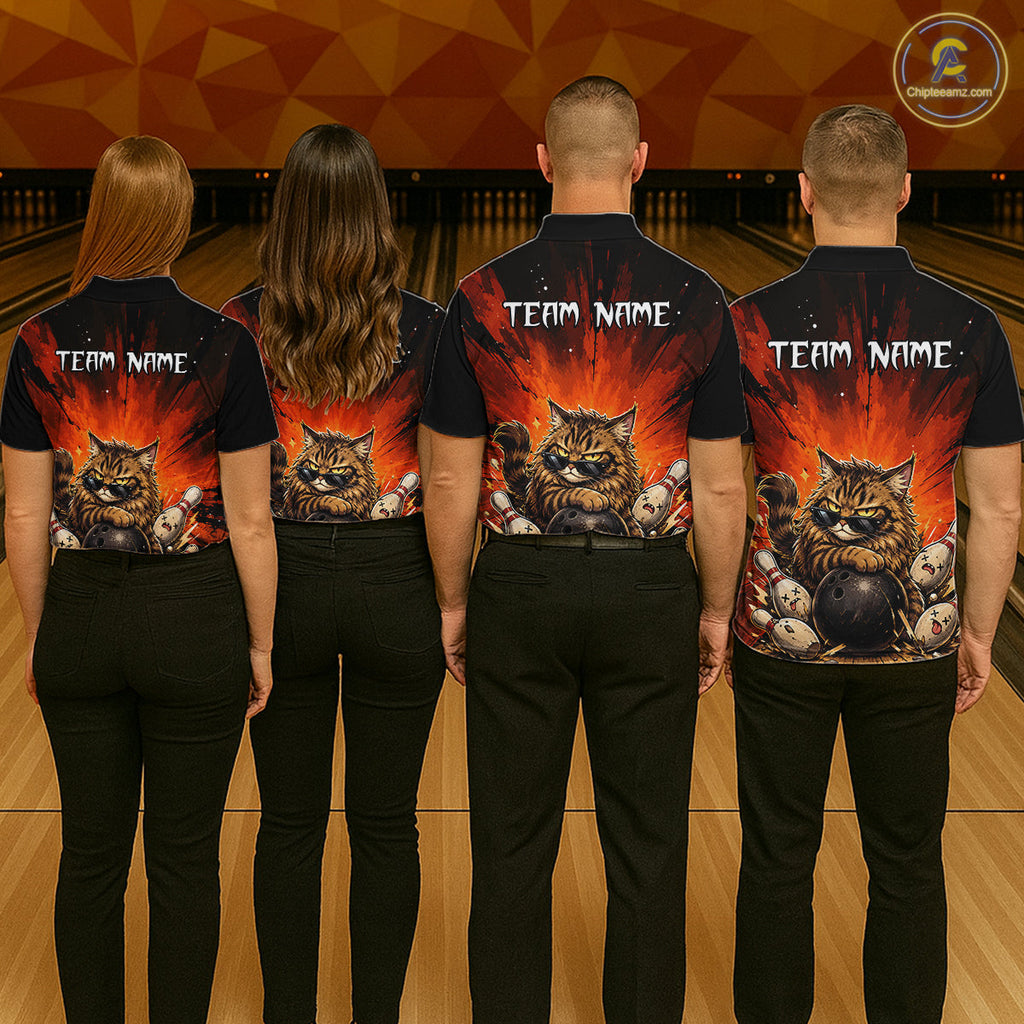 Custom Orange Funny Cat Bowling Team Shirt Bowling League Jersey Outfit