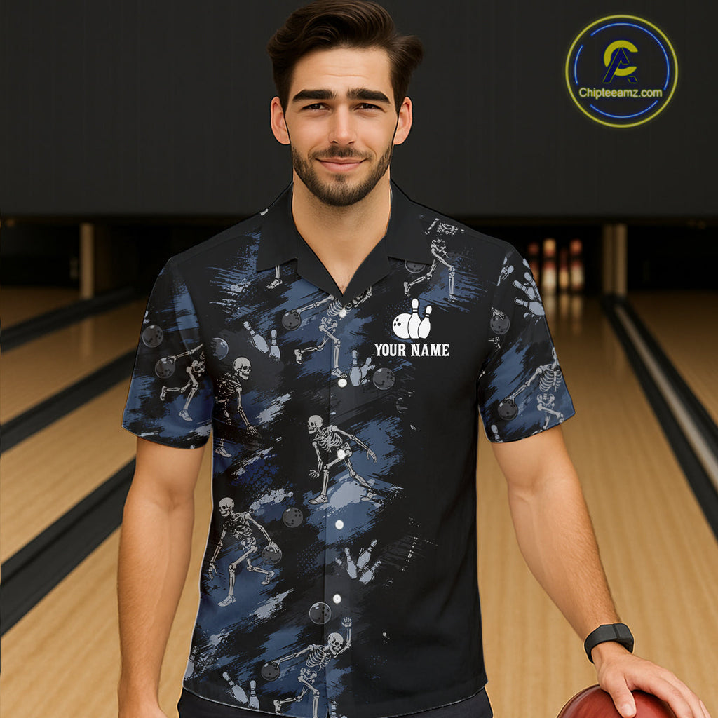 Custom Skeleton Bowling Hawaiian Shirt Funny Bowling Button Up Shirt
