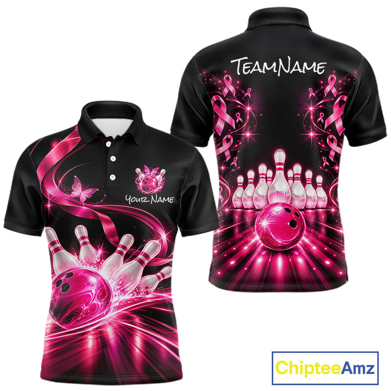 Custom Pink Butterflies Ribbon Bowling Shirt Breast Cancer Bowling Jersey