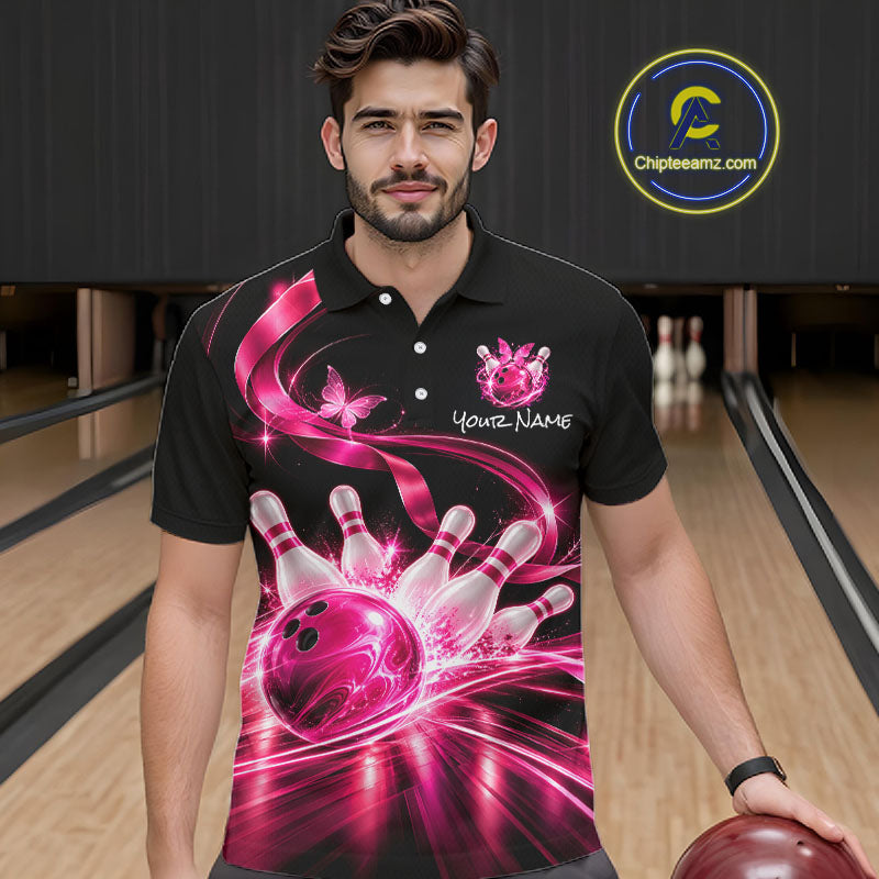 Custom Pink Butterflies Ribbon Bowling Shirt Breast Cancer Bowling Jersey