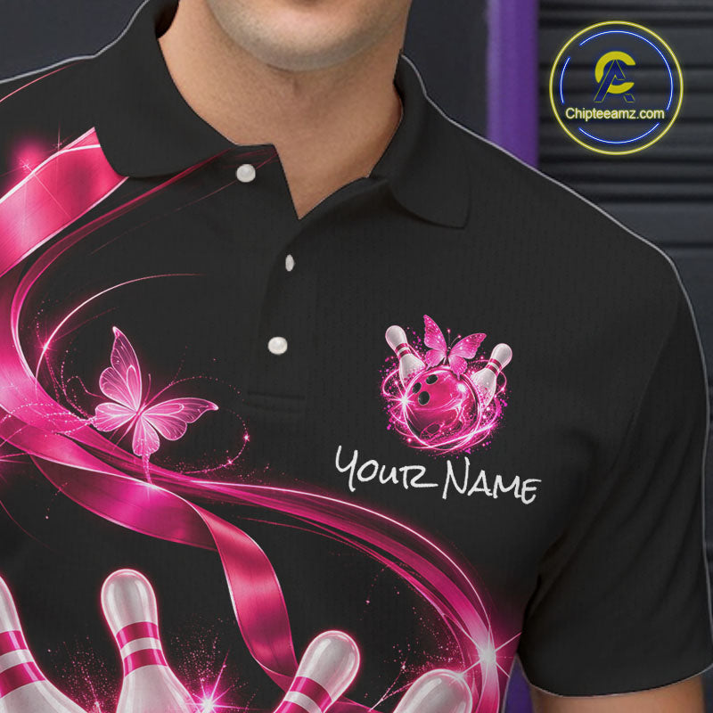 Custom Pink Butterflies Ribbon Bowling Shirt Breast Cancer Bowling Jersey