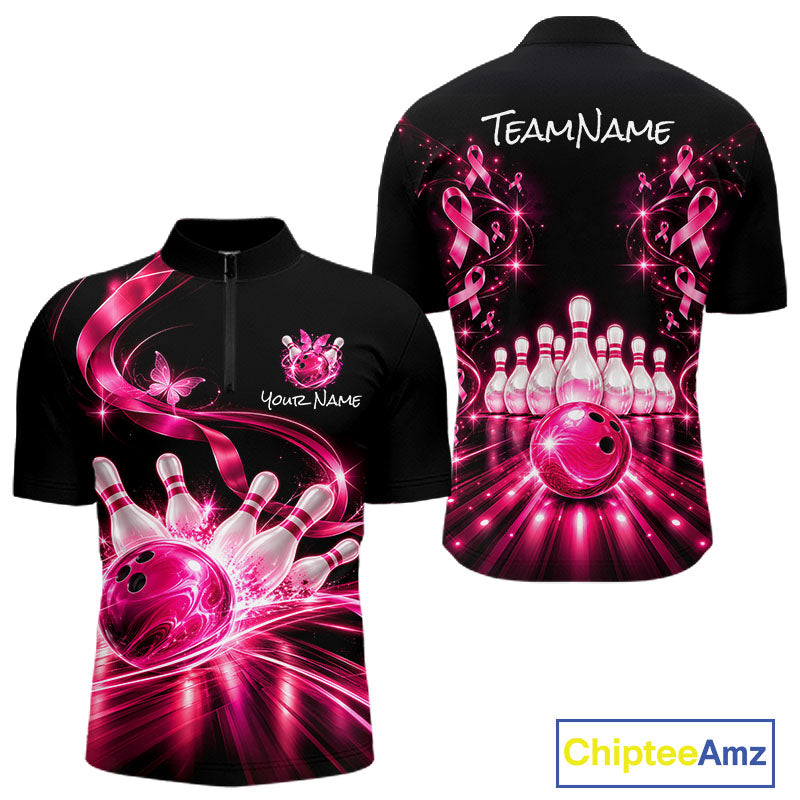 Custom Pink Butterflies Ribbon Bowling Shirt Breast Cancer Bowling Jersey