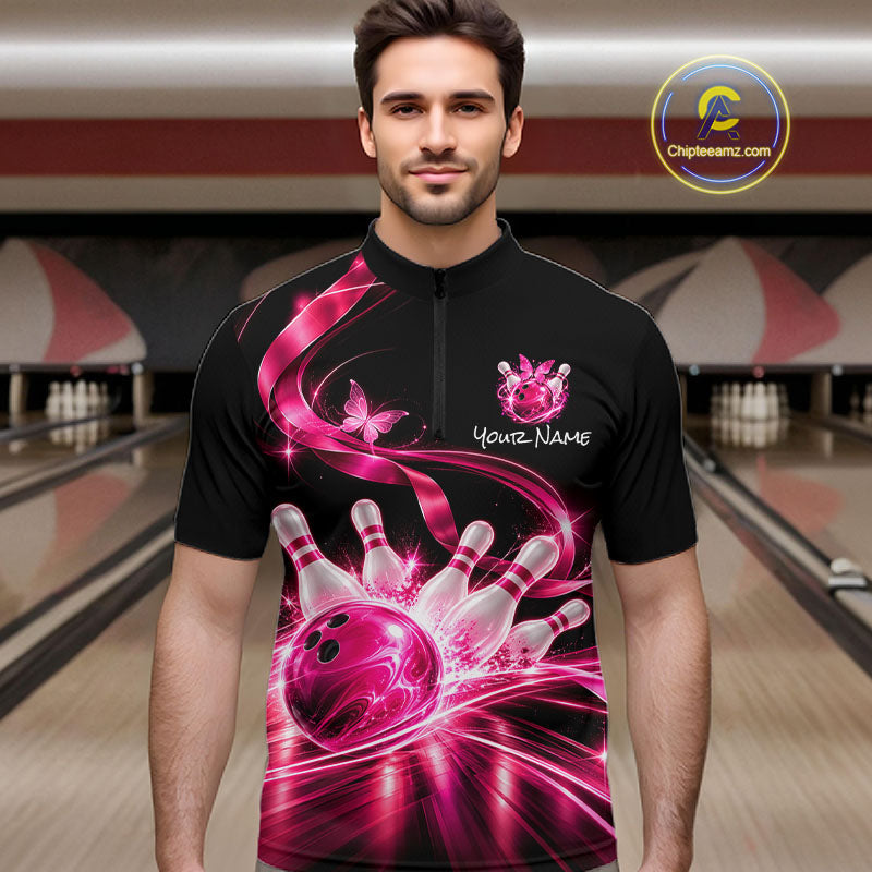 Custom Pink Butterflies Ribbon Bowling Shirt Breast Cancer Bowling Jersey