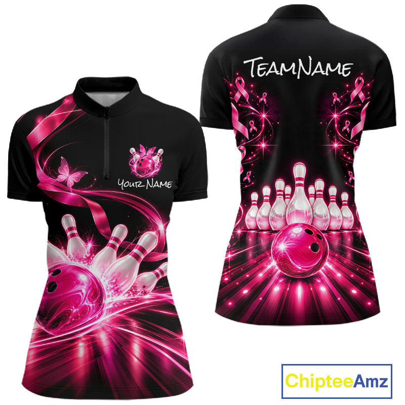 Custom Pink Butterflies Ribbon Bowling Shirt Breast Cancer Bowling Jersey