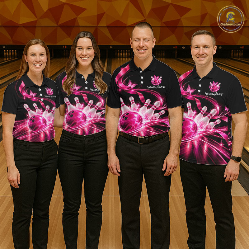Custom Pink Butterflies Ribbon Bowling Shirt Breast Cancer Bowling Jersey