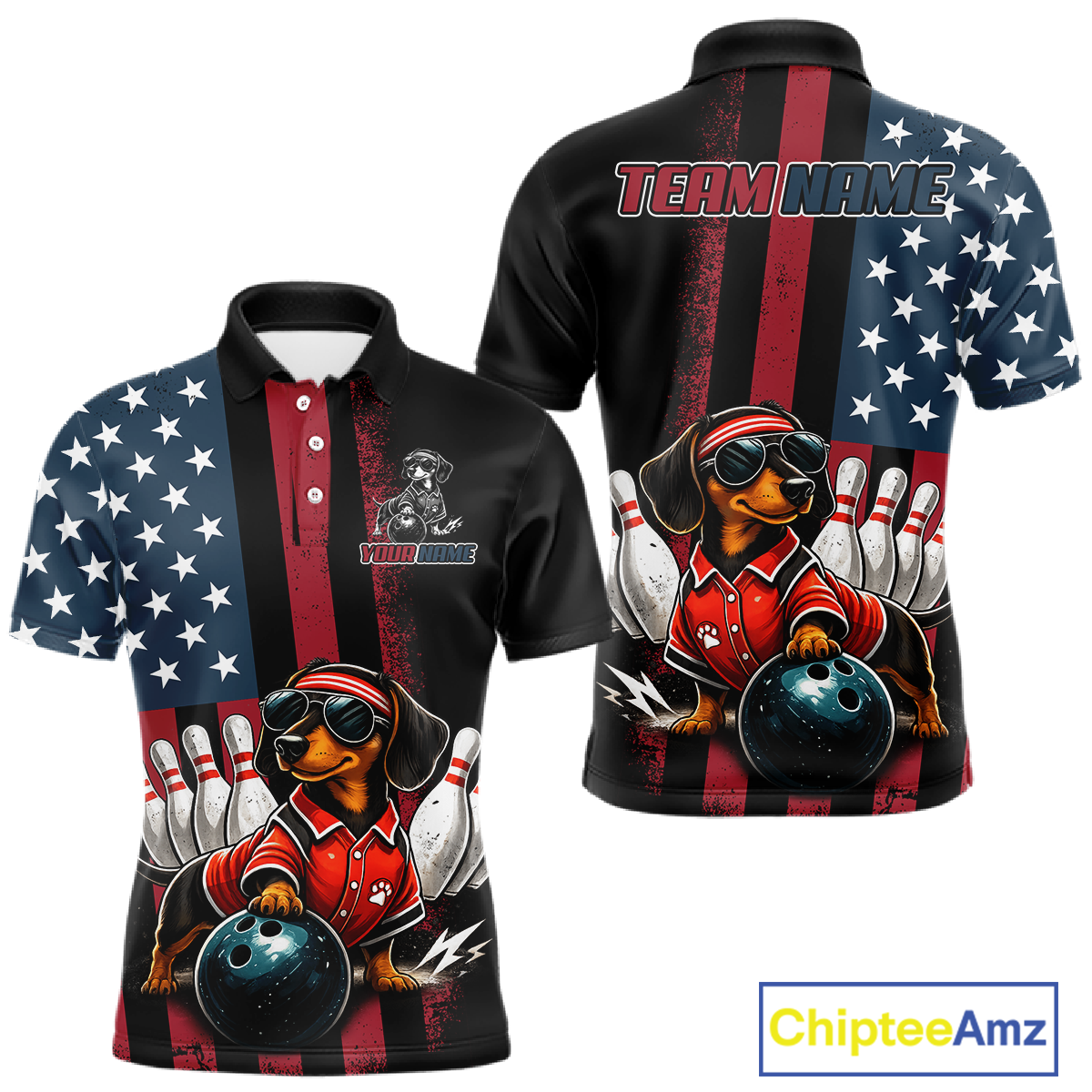 Personalized American Flag Dachshund Bowling Shirt Bowling Jersey Performance Patriotic