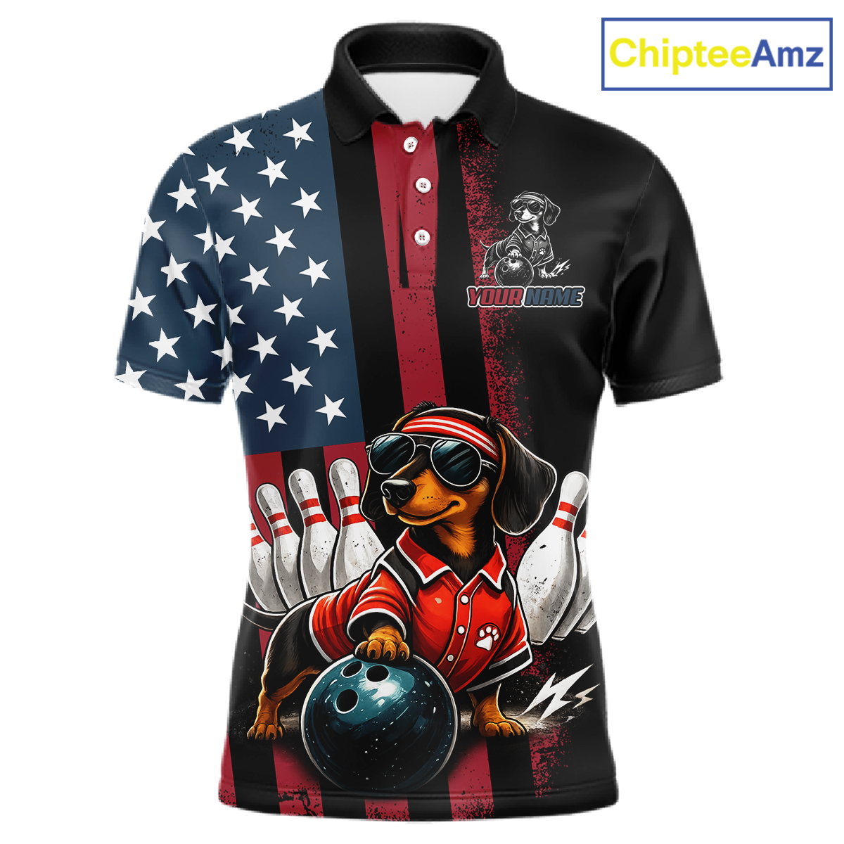 Personalized American Flag Dachshund Bowling Shirt Bowling Jersey Performance Patriotic