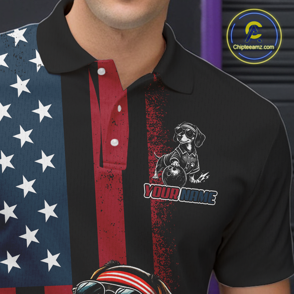 Personalized American Flag Dachshund Bowling Shirt Bowling Jersey Performance Patriotic