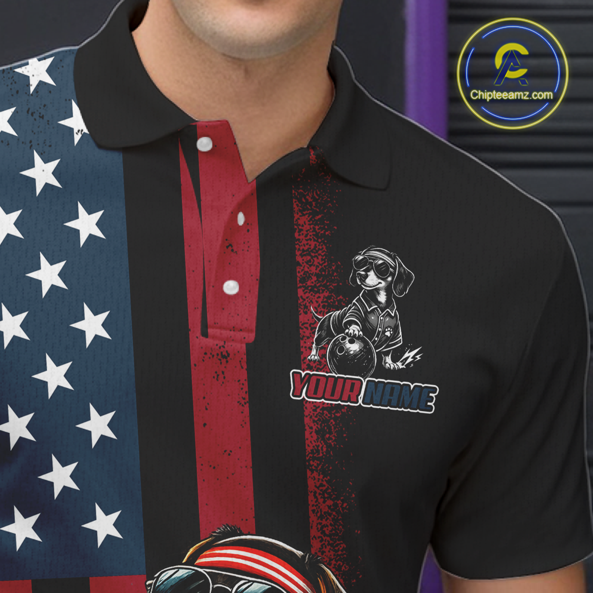 Personalized American Flag Dachshund Bowling Shirt Bowling Jersey Performance Patriotic