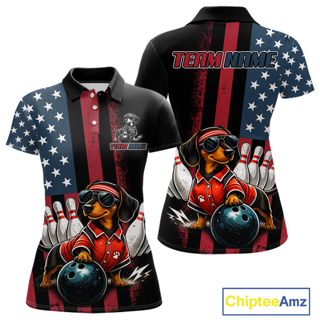 Personalized American Flag Dachshund Bowling Shirt Bowling Jersey Performance Patriotic