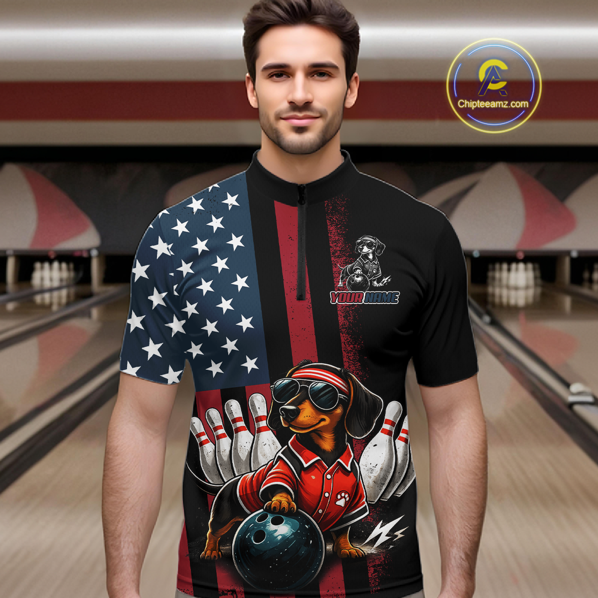 Personalized American Flag Dachshund Bowling Shirt Bowling Jersey Performance Patriotic
