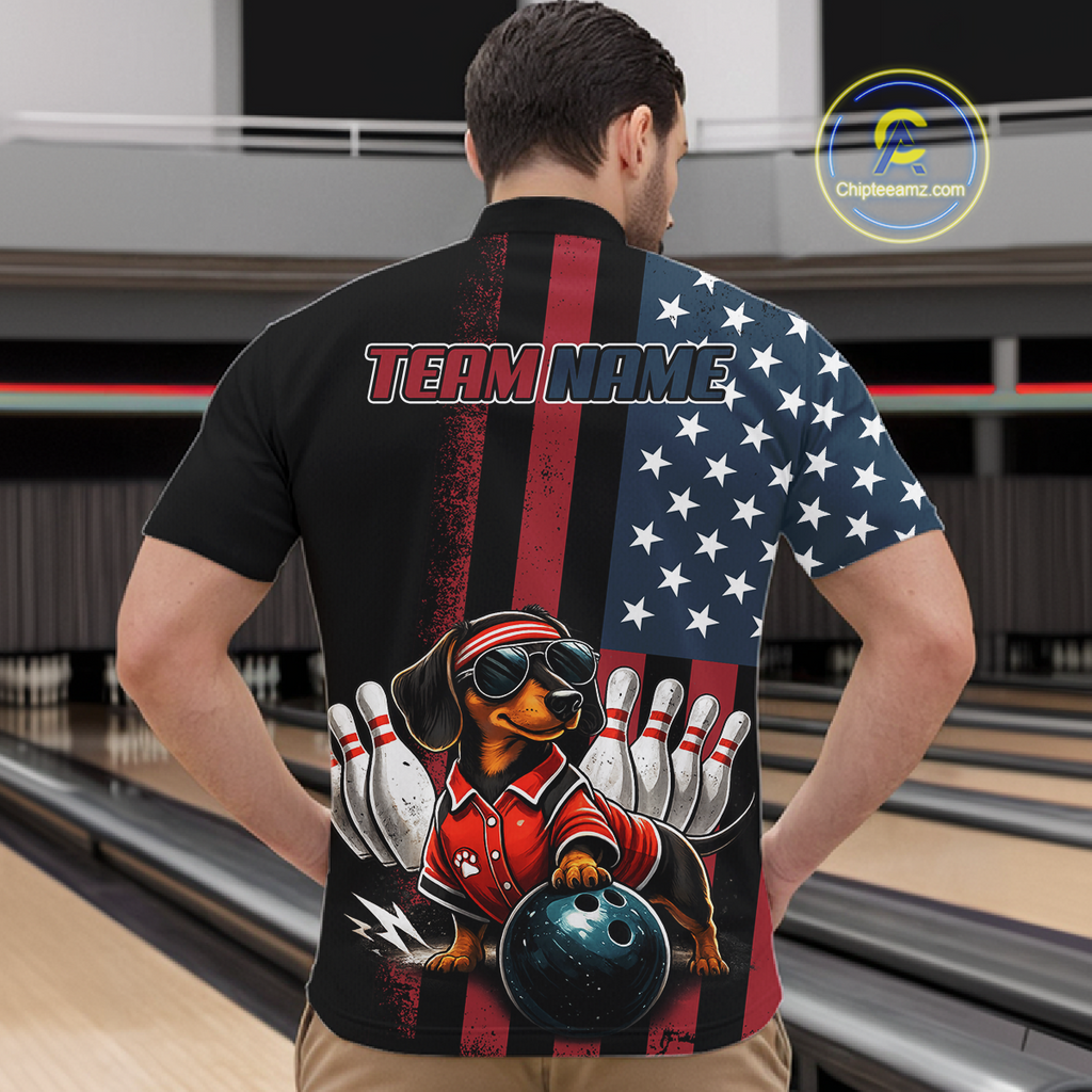 Personalized American Flag Dachshund Bowling Shirt Bowling Jersey Performance Patriotic