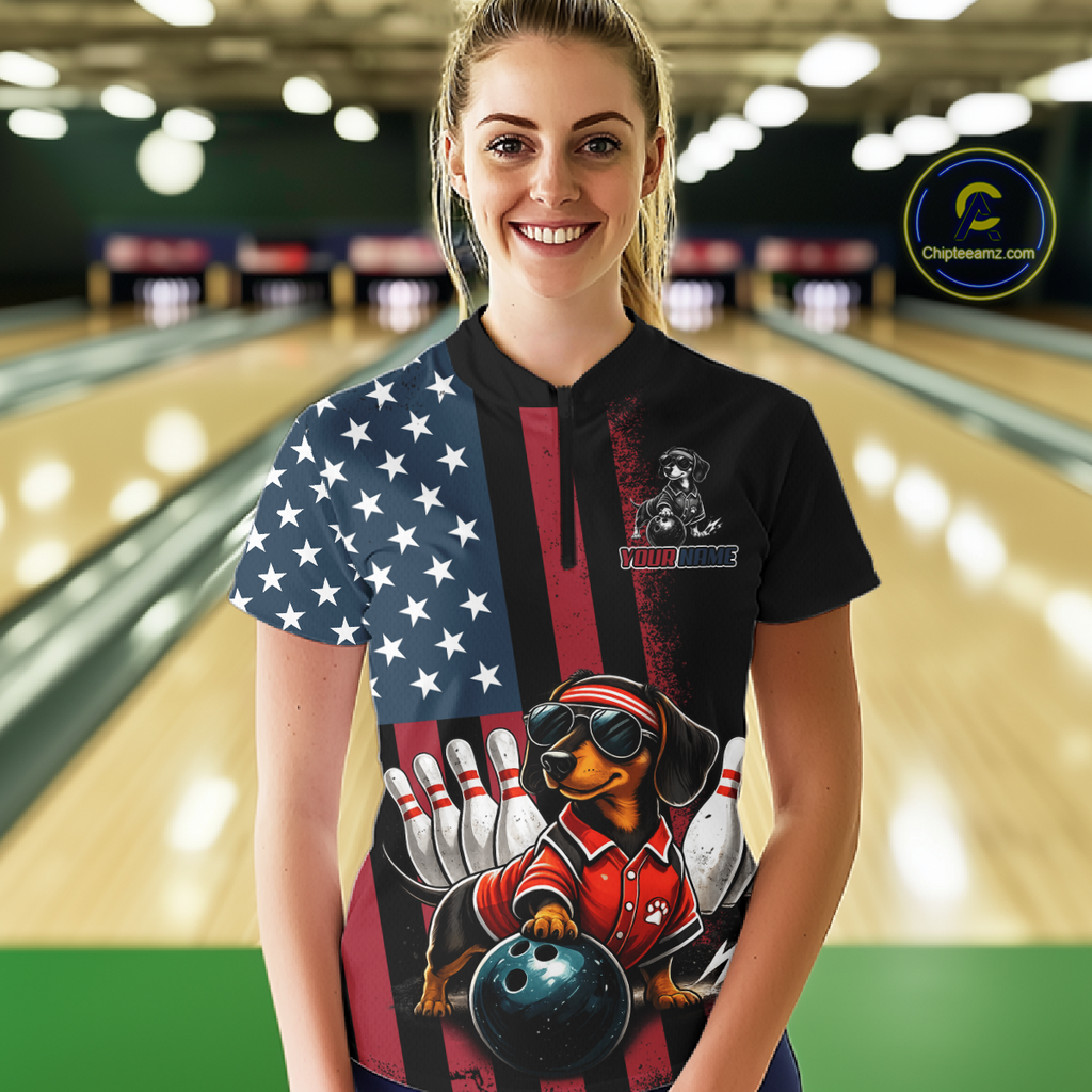 Personalized American Flag Dachshund Bowling Shirt Bowling Jersey Performance Patriotic