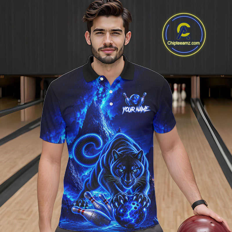 Custom Neon Blue Panther Bowling Shirt Cool Bowling Jersey Bowling Outfit